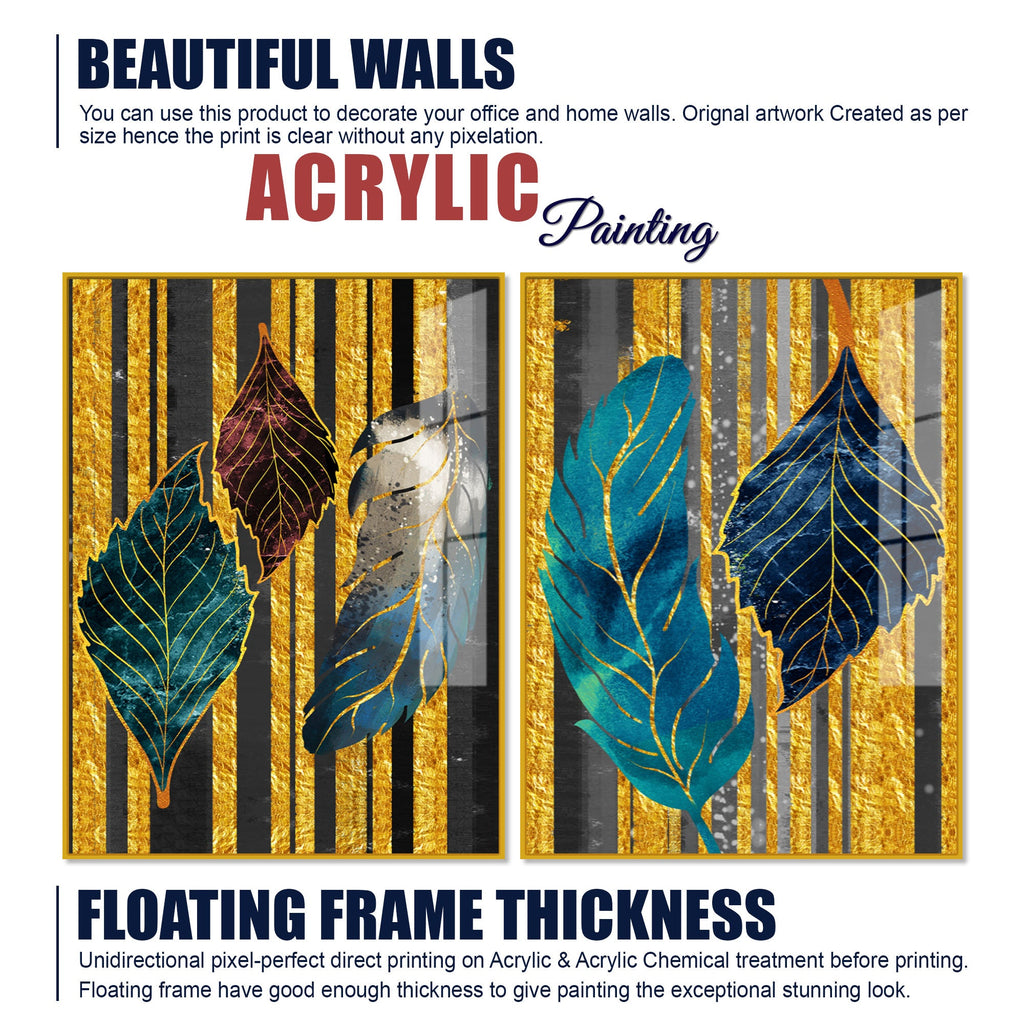 Colorful Feathers Premium Acrylic Art Floating Wall Painting Set of 2