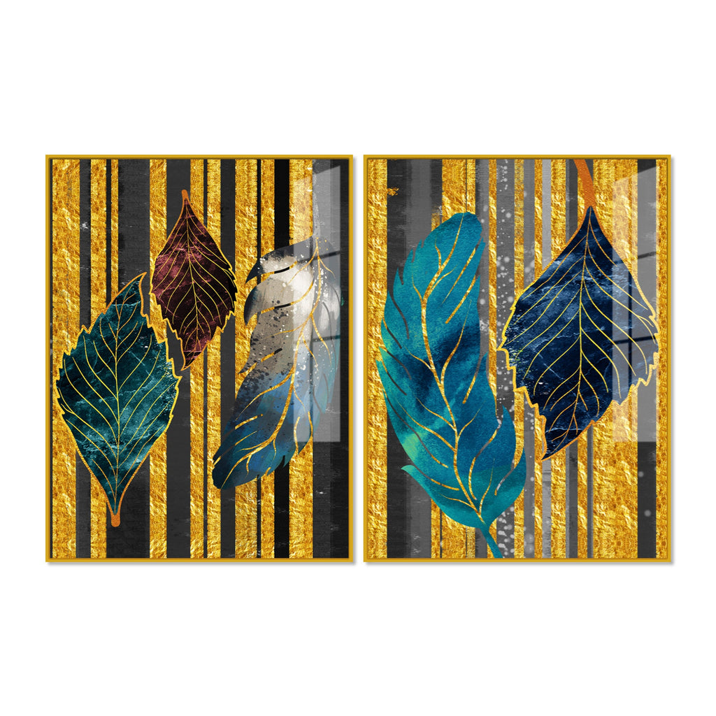 Colorful Feathers Premium Acrylic Art Floating Wall Painting Set of 2