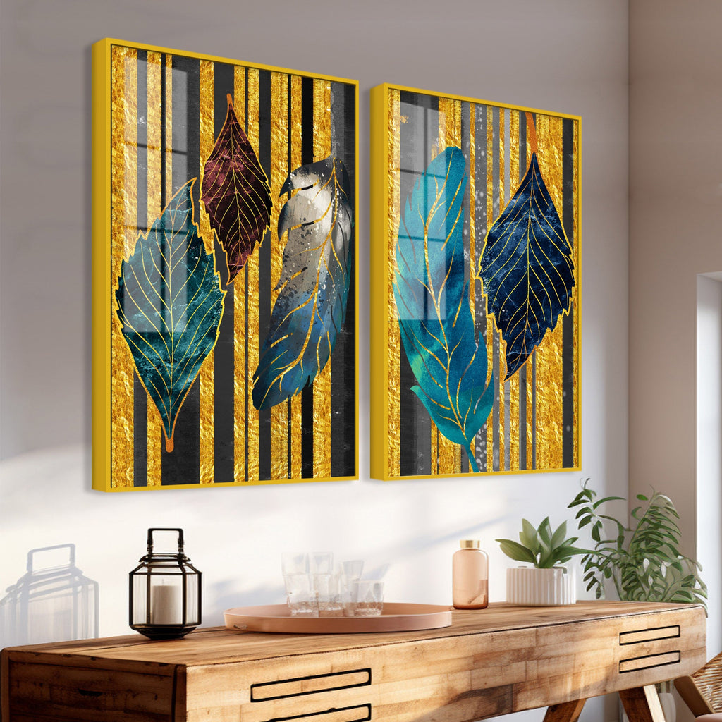 Colorful Feathers Premium Acrylic Art Floating Wall Painting Set of 2