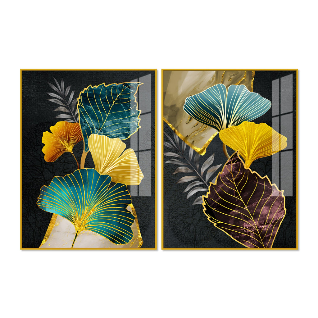 Colorful Ginkgo Leaves Acrylic Art Floating Wall Painting Set of 2