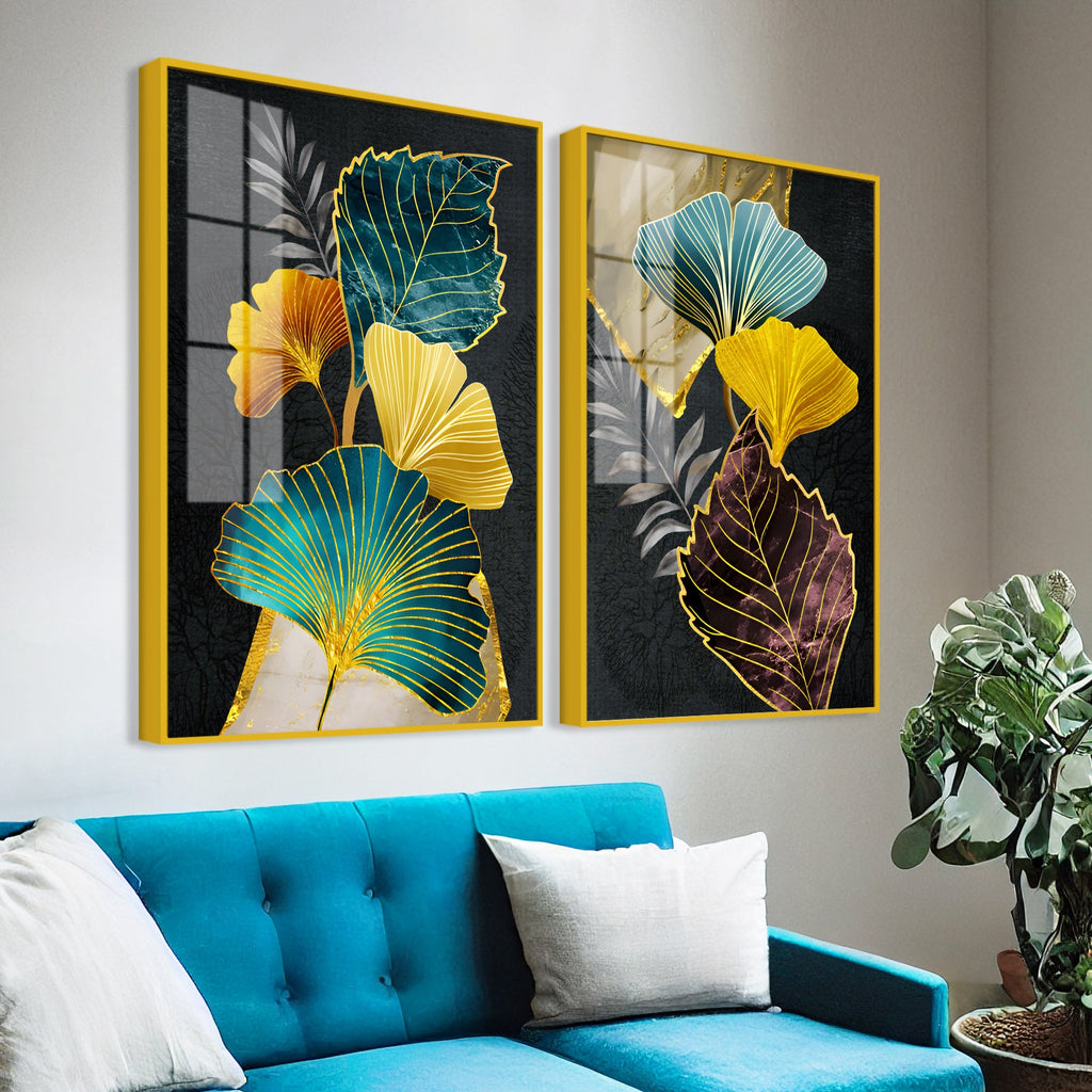 Colorful Ginkgo Leaves Acrylic Art Floating Wall Painting Set of 2