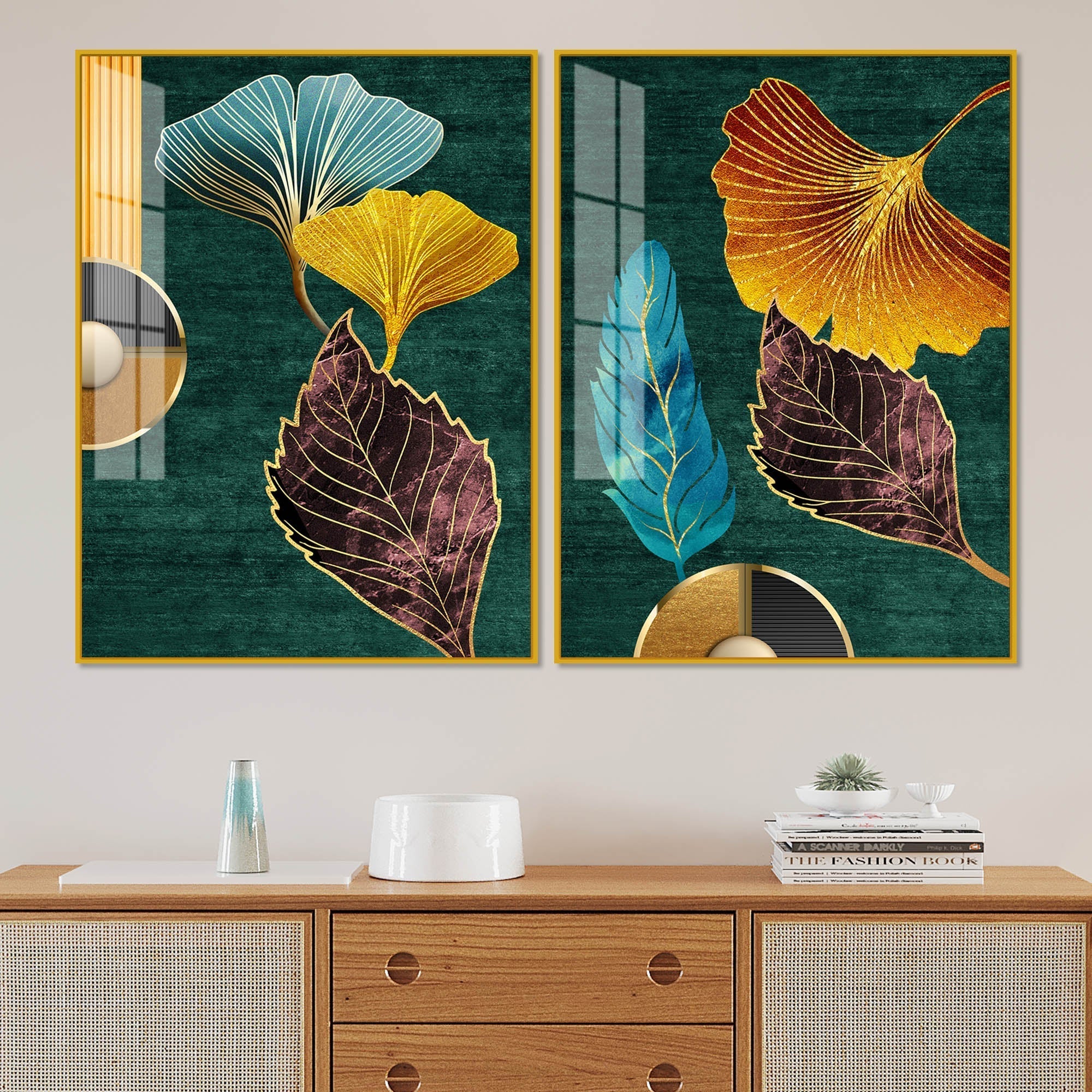 Colorful Golden Lines Leaves Acrylic Floating Wall Painting Set of 2