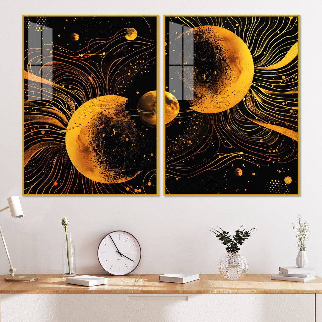 Cosmic Abstract Lunar Symphony in Space Acrylic Floating Wall Painting Set of 2