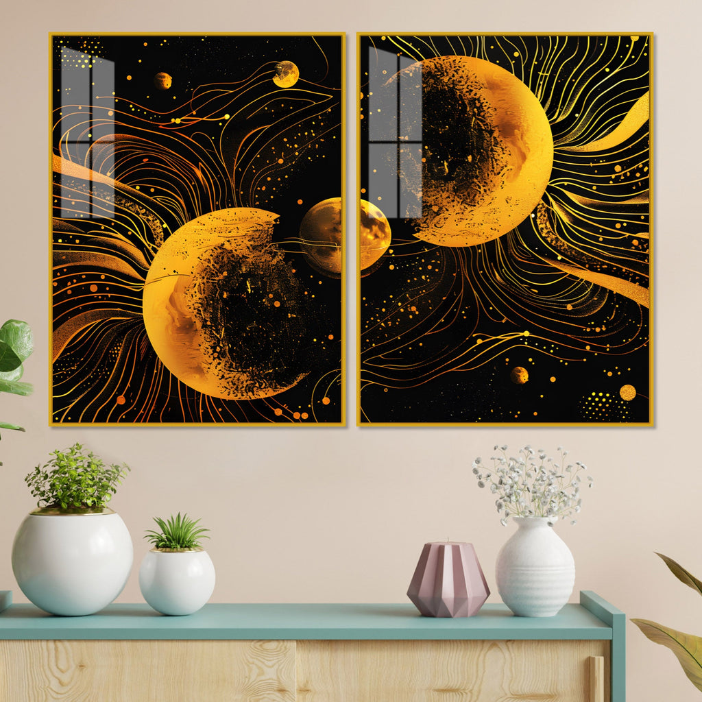 Cosmic Abstract Lunar Symphony in Space Acrylic Floating Wall Painting Set of 2