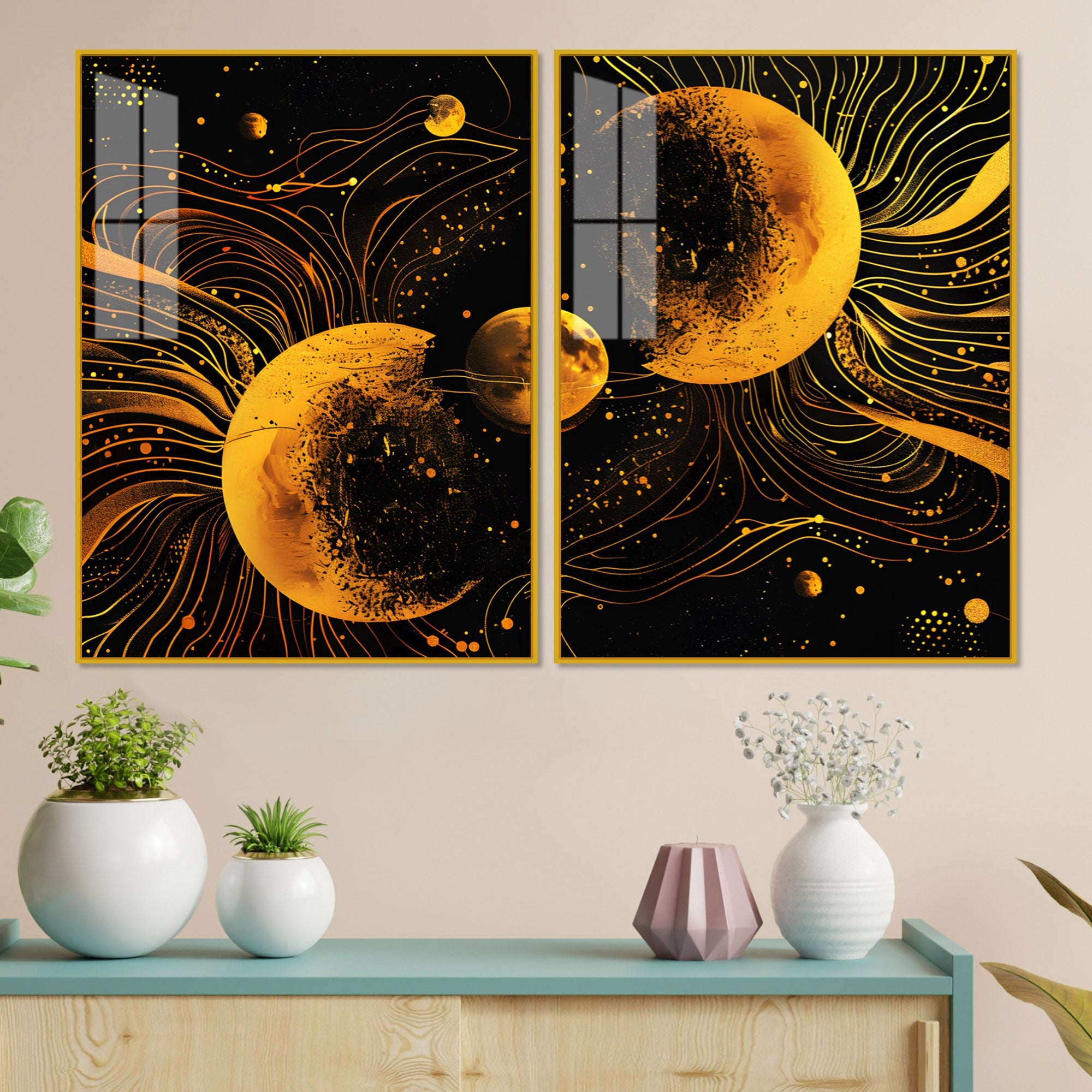 Cosmic Abstract Lunar Symphony in Space Acrylic Floating Wall Painting Set of 2