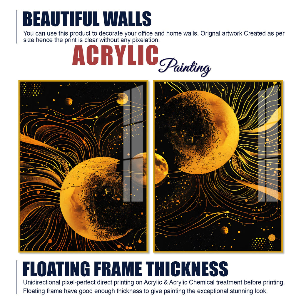 Cosmic Abstract Lunar Symphony in Space Acrylic Floating Wall Painting Set of 2