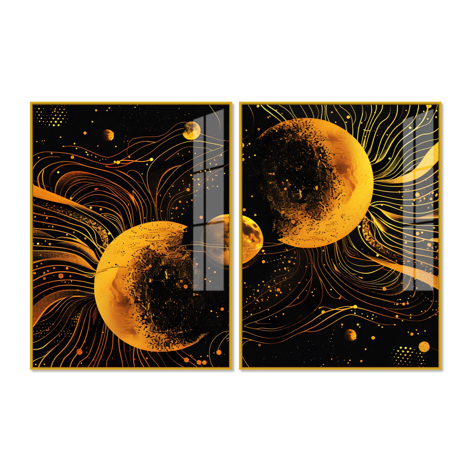 Cosmic Abstract Lunar Symphony in Space Acrylic Floating Wall Painting Set of 2