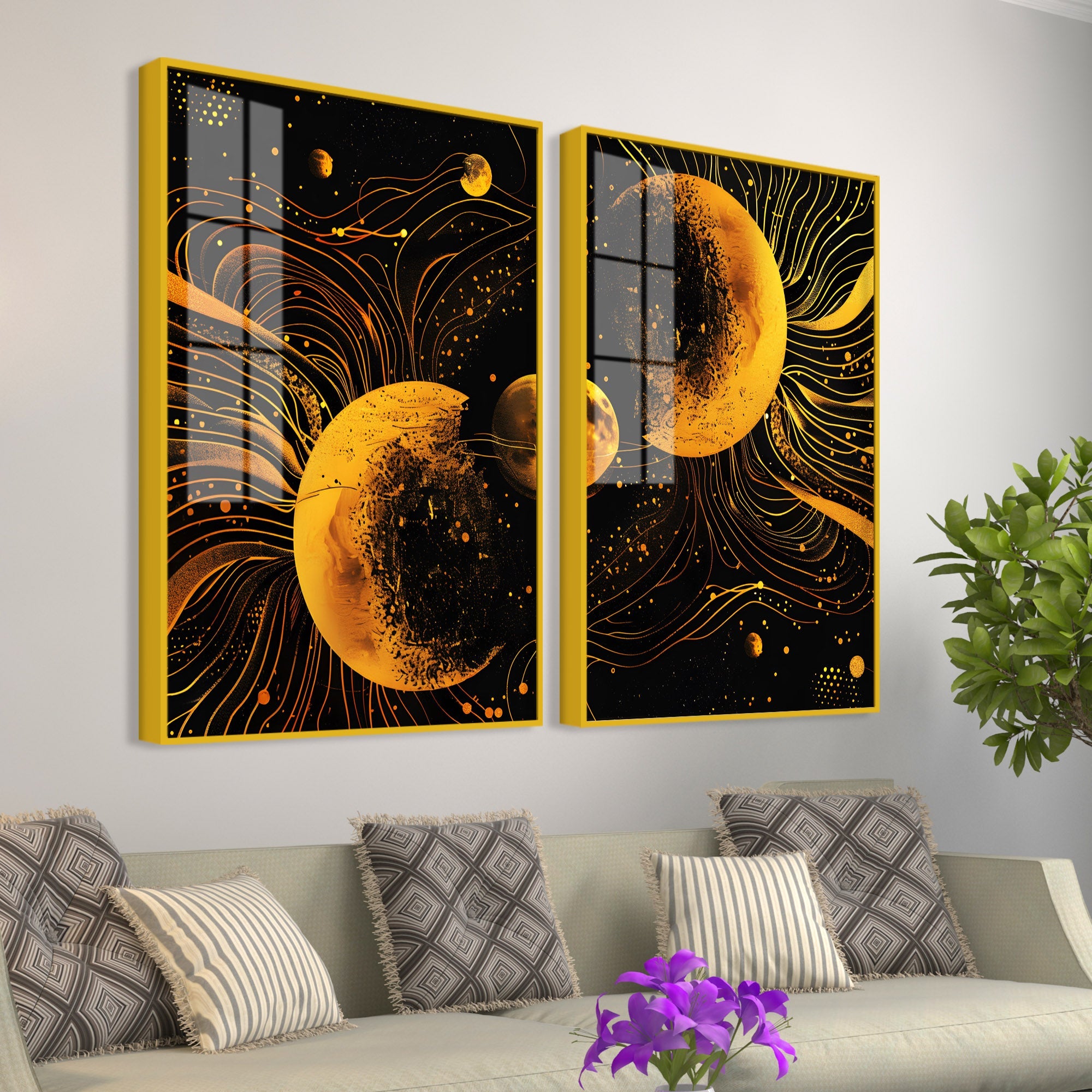 Cosmic Abstract Lunar Symphony in Space Acrylic Floating Wall Painting Set of 2