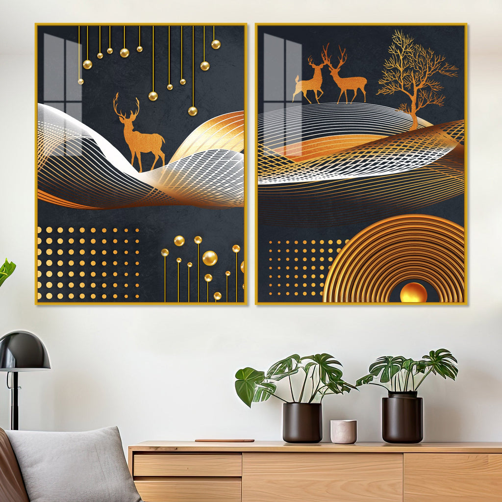 Dark Backgroundnt Golden Deer Classic Acrylic Floating Wall Painting Set of 2