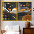 Dark Backgroundnt Golden Deer Classic Acrylic Floating Wall Painting Set of 2