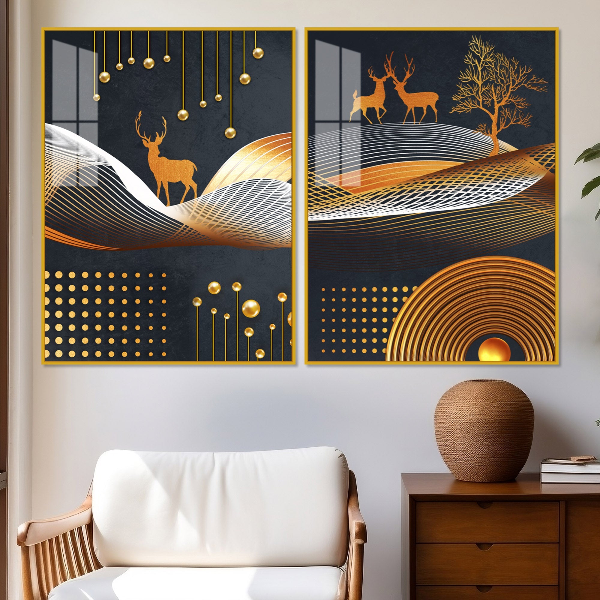 Dark Backgroundnt Golden Deer Classic Acrylic Floating Wall Painting Set of 2