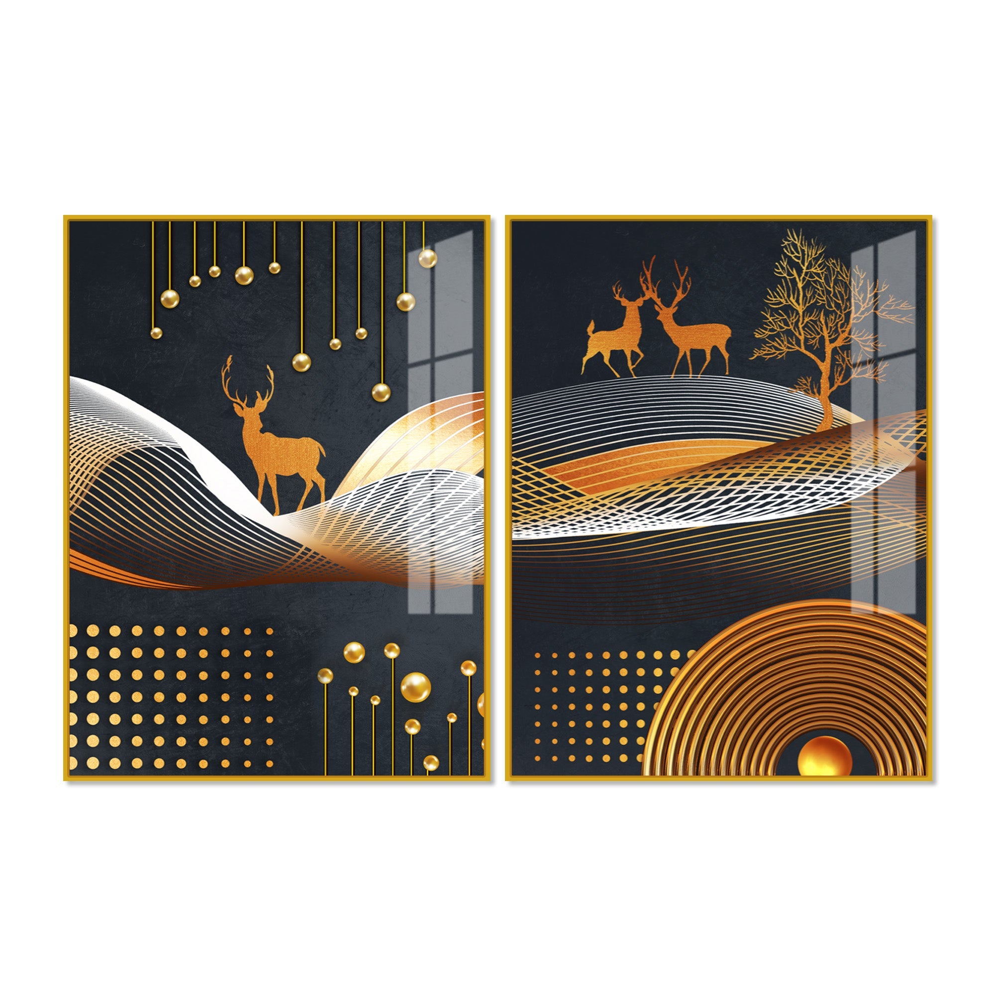 Dark Backgroundnt Golden Deer Classic Acrylic Floating Wall Painting Set of 2
