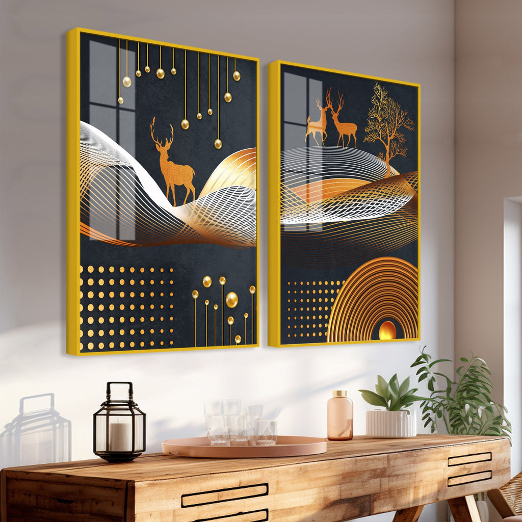 Dark Backgroundnt Golden Deer Classic Acrylic Floating Wall Painting Set of 2