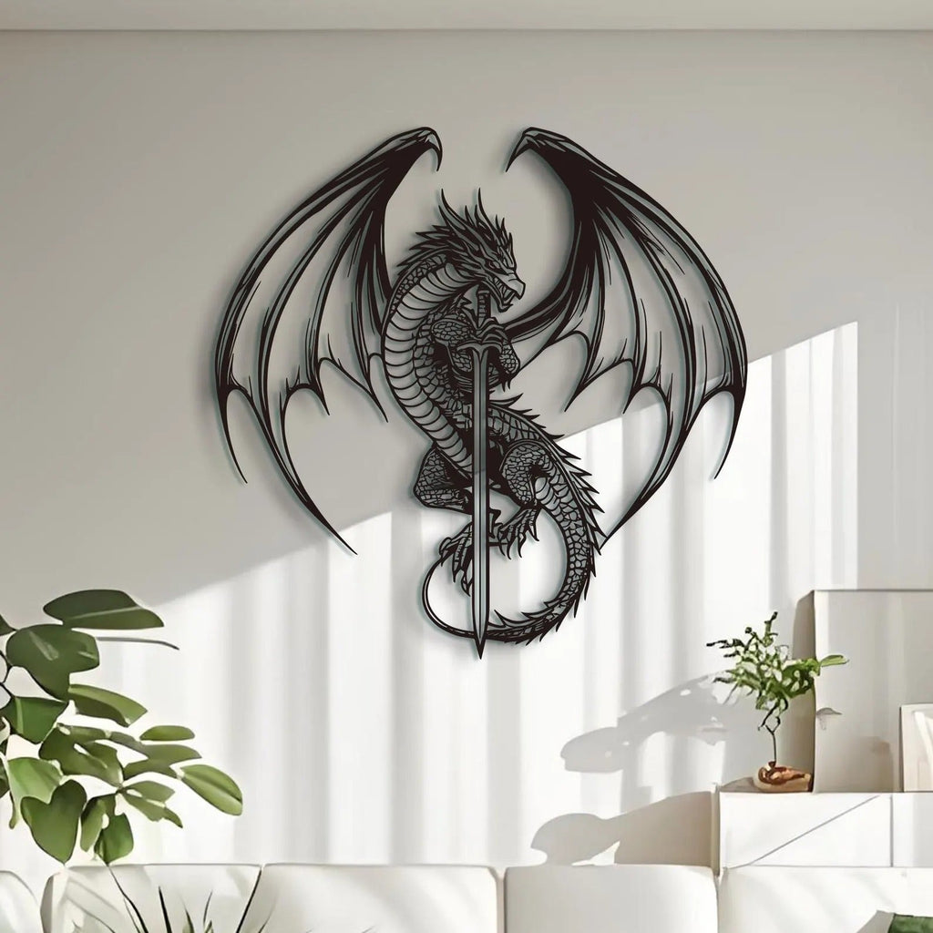 Flying Dragon with Sword Metal Wall Art Decor