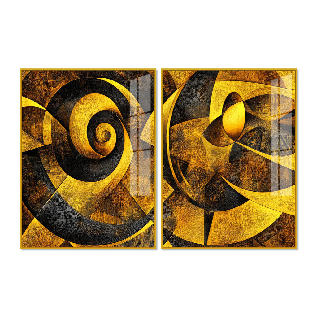 Geometric Abstract Golden Pattern Acrylic Floating Wall Painting Set of 2