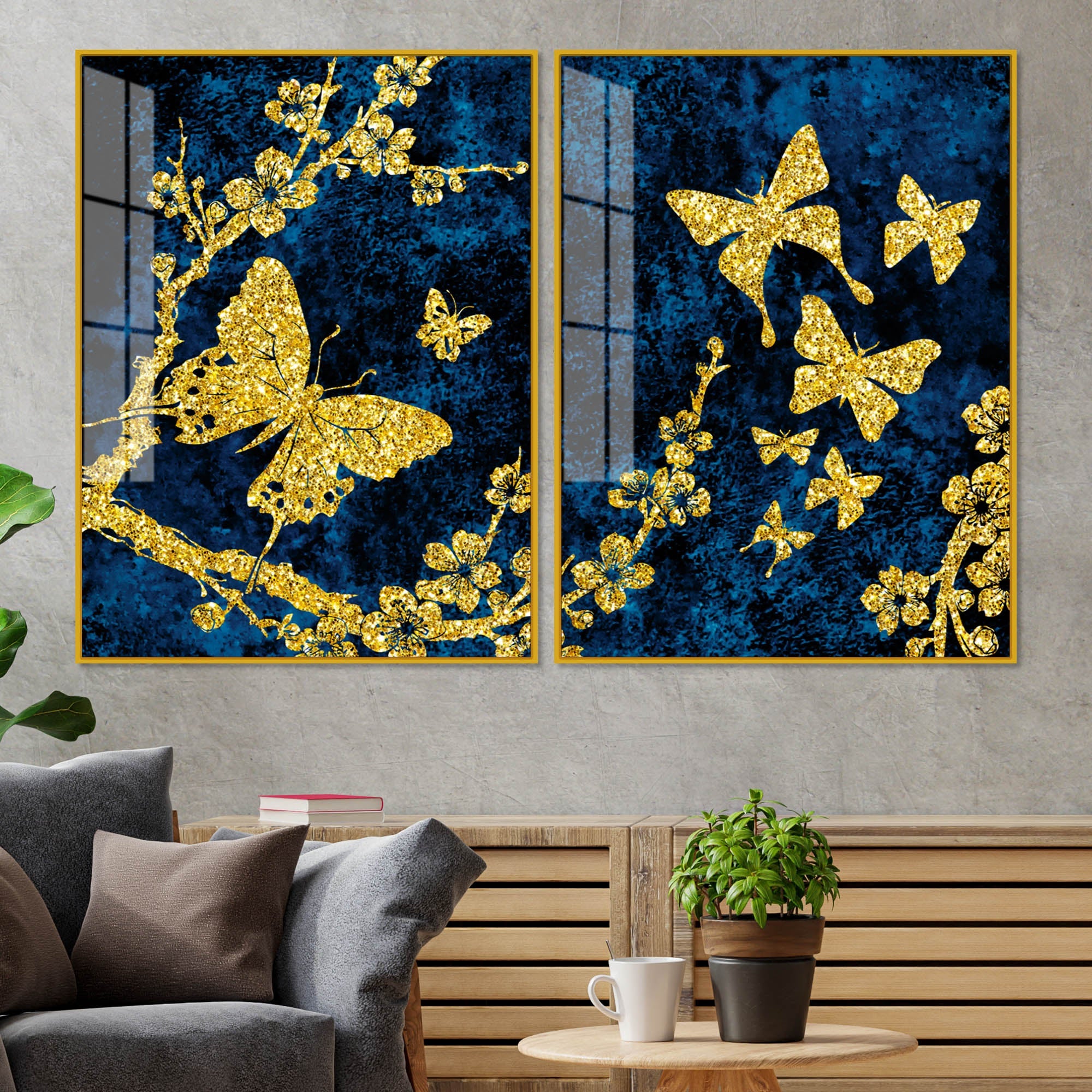 Gold Foil Butterfly Acrylic Art Floating Wall Painting Set Of 2