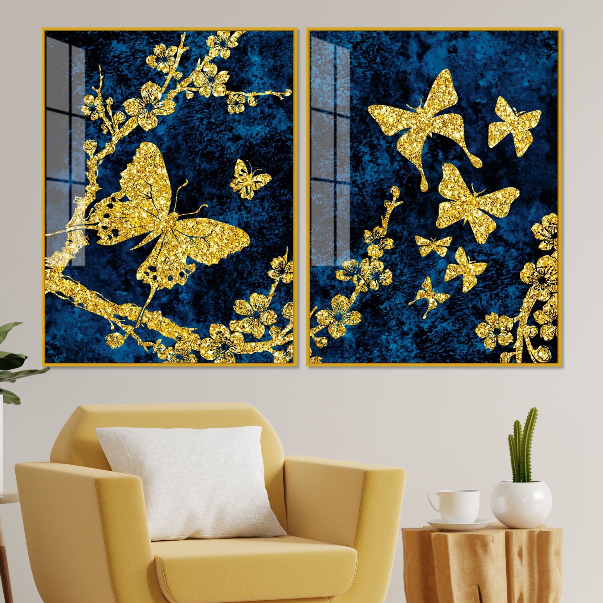 Gold Foil Butterfly Acrylic Art Floating Wall Painting Set Of 2