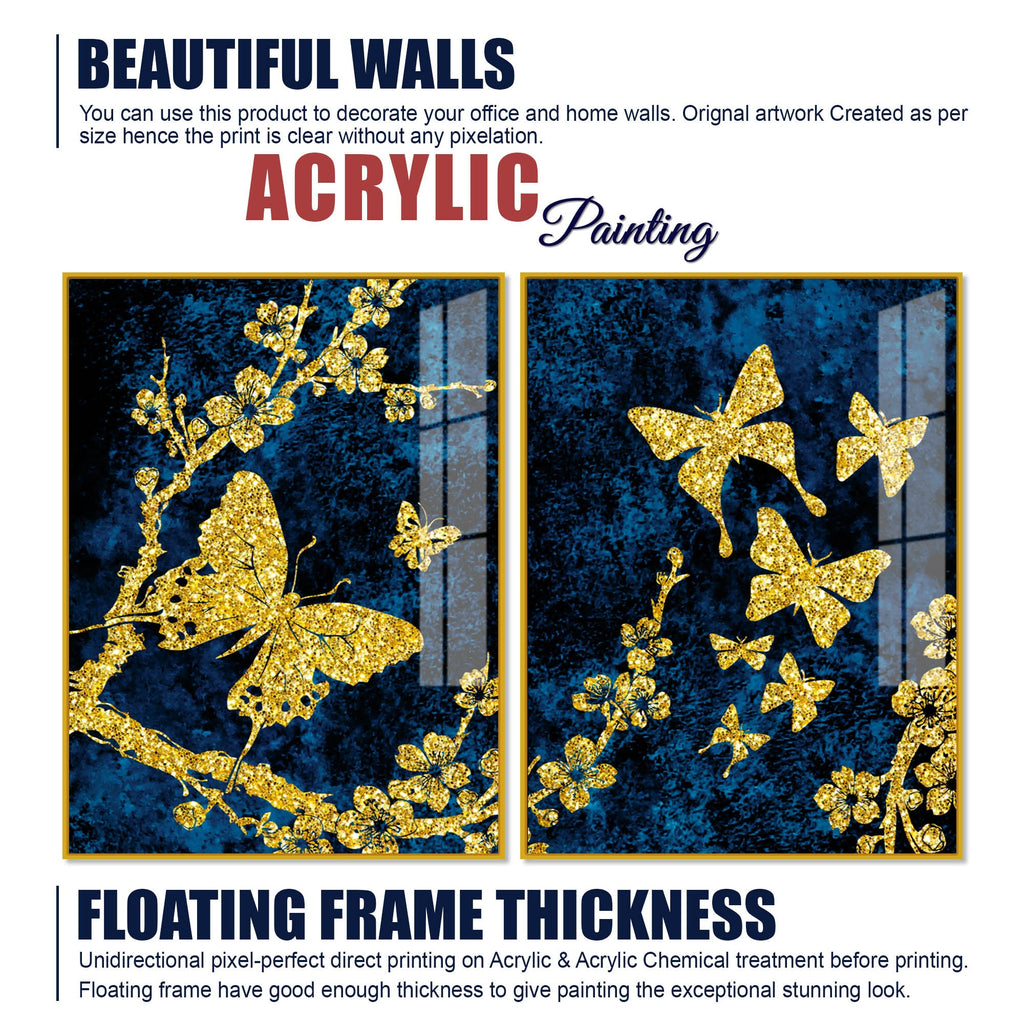 Gold Foil Butterfly Acrylic Art Floating Wall Painting Set Of 2