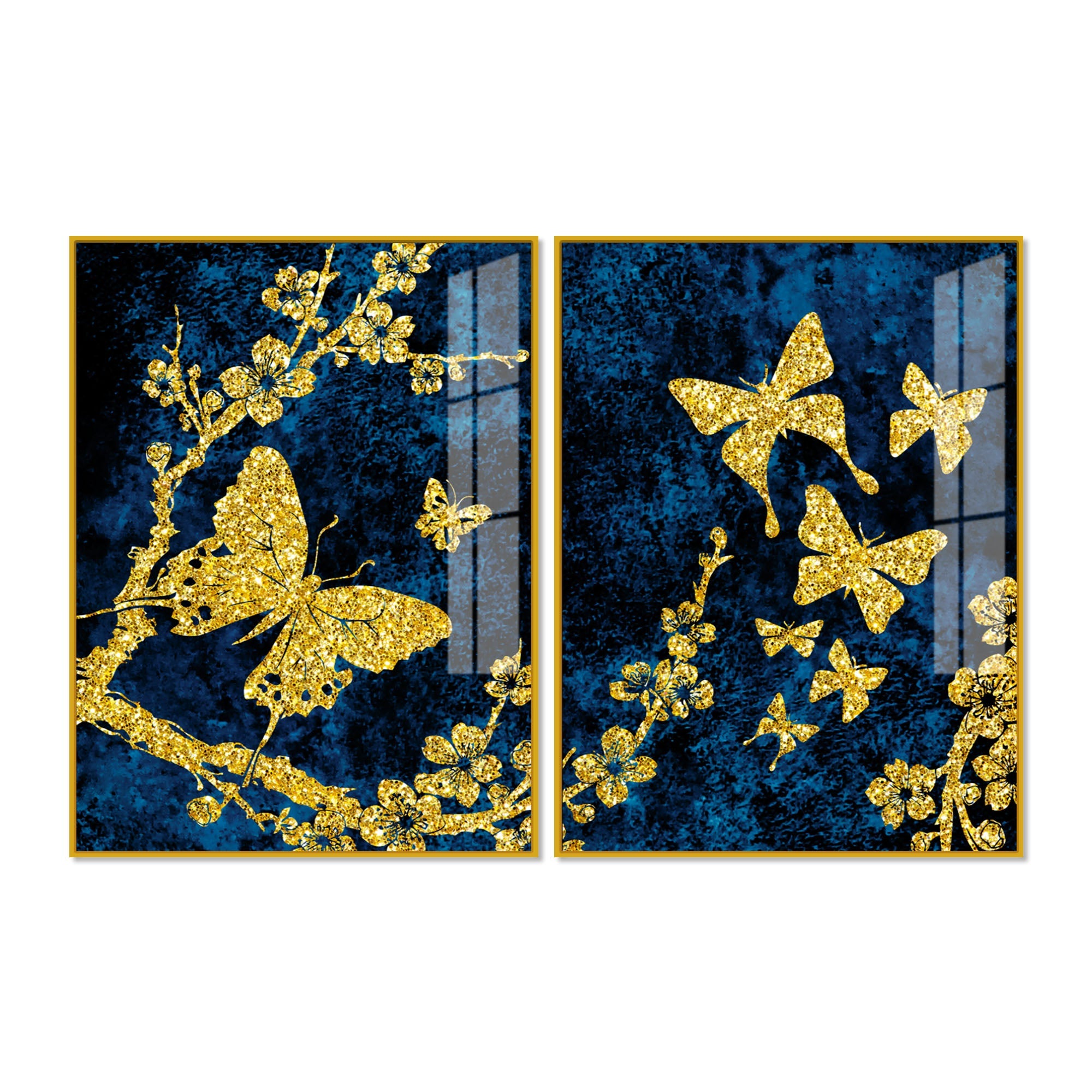 Gold Foil Butterfly Acrylic Art Floating Wall Painting Set Of 2