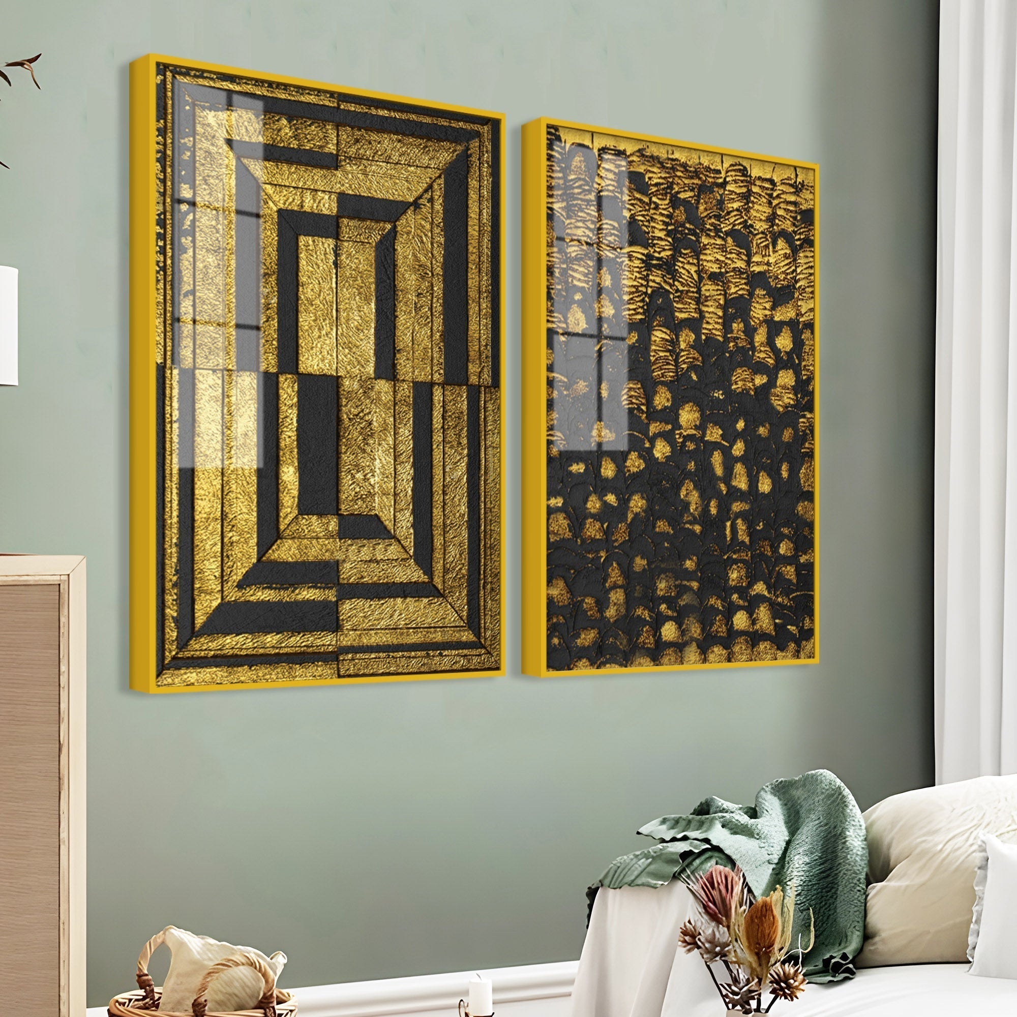Golden Abstract Artistic Shapes Art Acrylic Floating Wall Painting Set Of 2