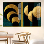 Golden Geometric Circles Shapes Art Acrylic Floating Wall Painting Set Of 2