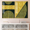 Golden Leaves and Line Art Acrylic Floating Wall Painting Set Of 2