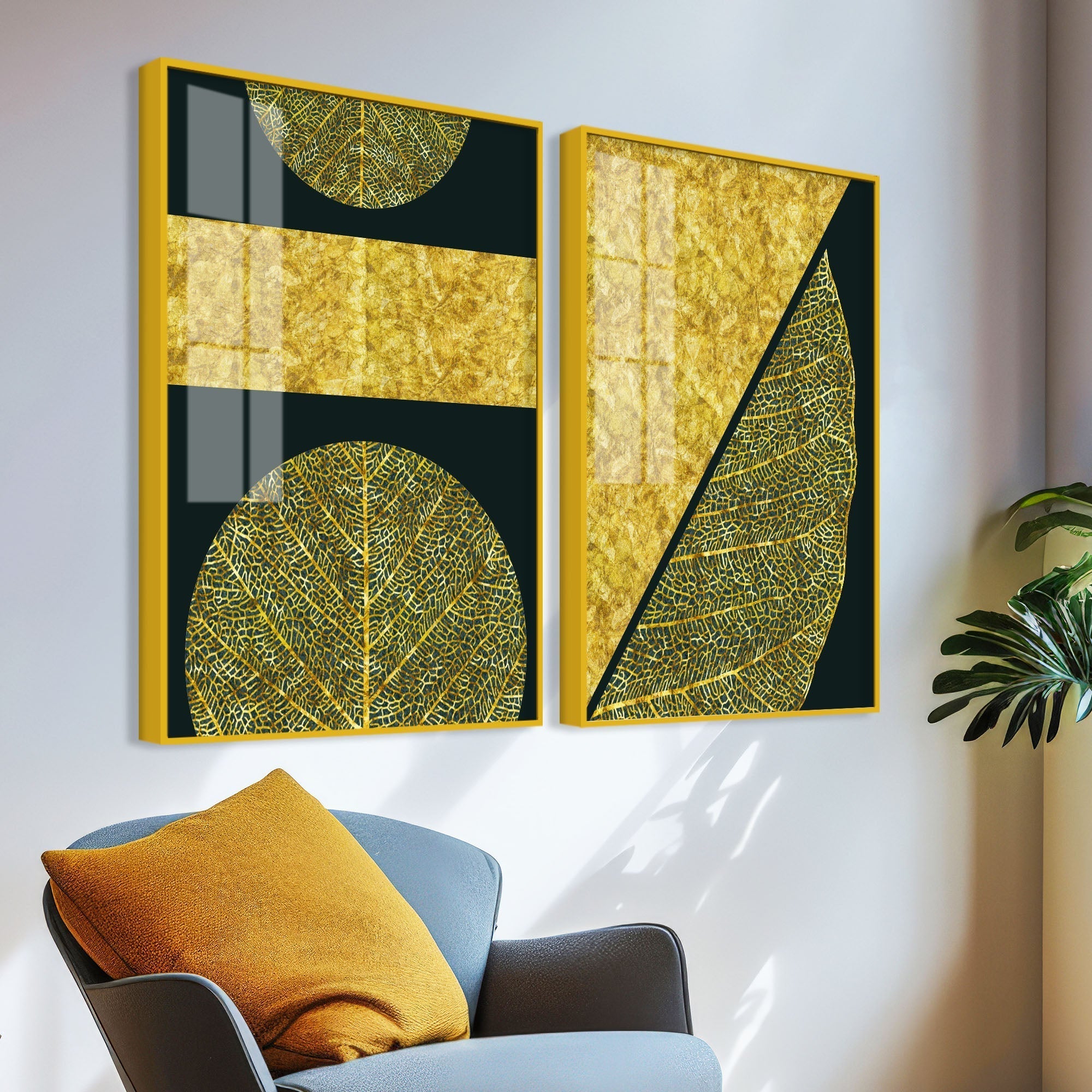 Golden Leaves and Line Art Acrylic Floating Wall Painting Set Of 2