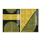 Golden Leaves and Line Art Acrylic Floating Wall Painting Set Of 2