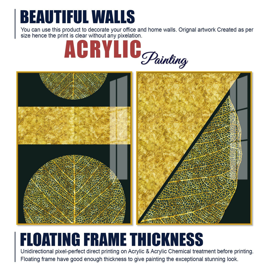 Golden Leaves and Line Art Acrylic Floating Wall Painting Set Of 2