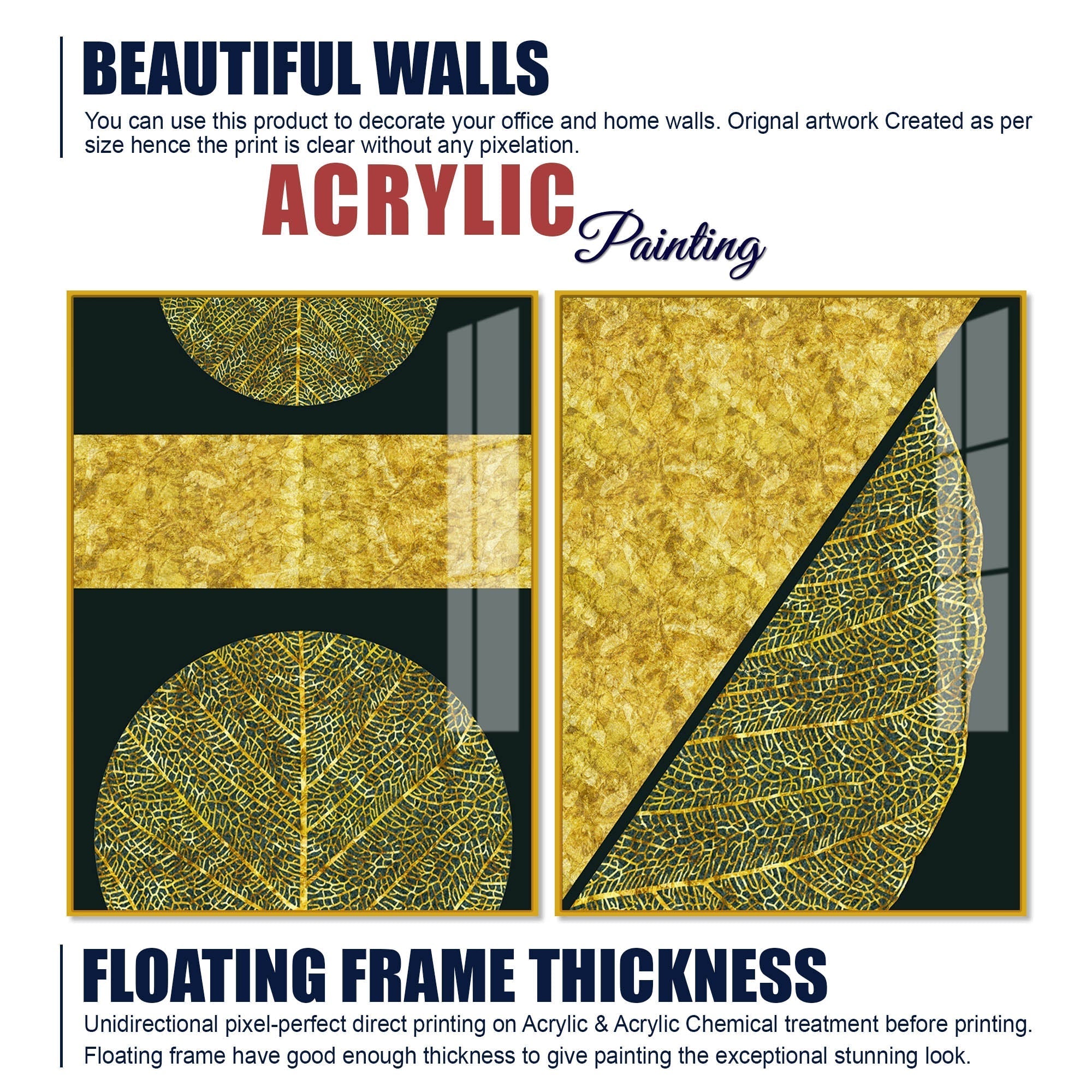 Golden Leaves and Line Art Acrylic Floating Wall Painting Set Of 2