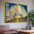 Golden Rising Sun Acrylic Floating Wall Painting Set of 2