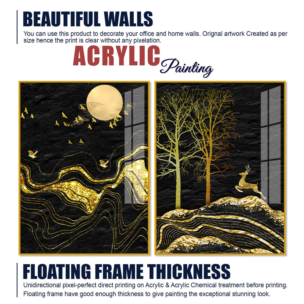 Golden Textured Mountains Art Premium Acrylic Floating Wall Painting Set Of 2