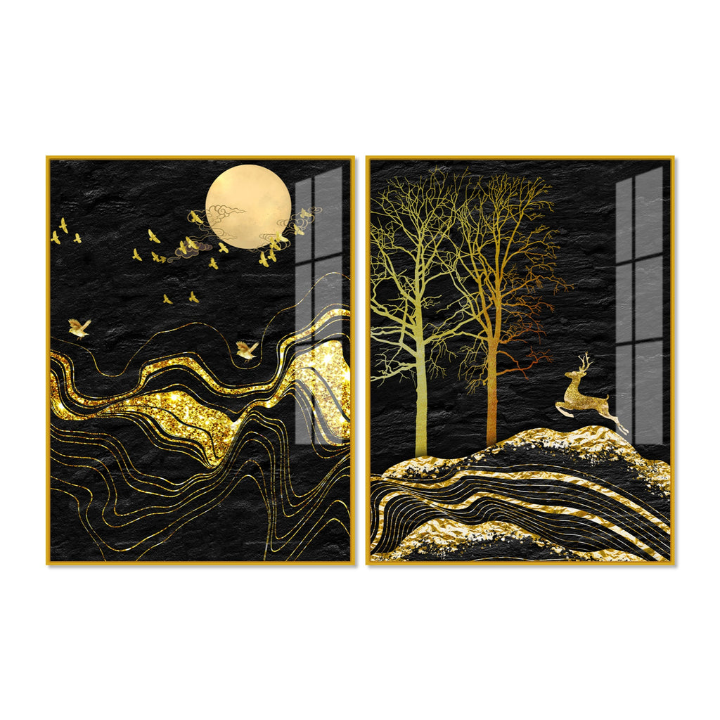 Golden Textured Mountains Art Premium Acrylic Floating Wall Painting Set Of 2