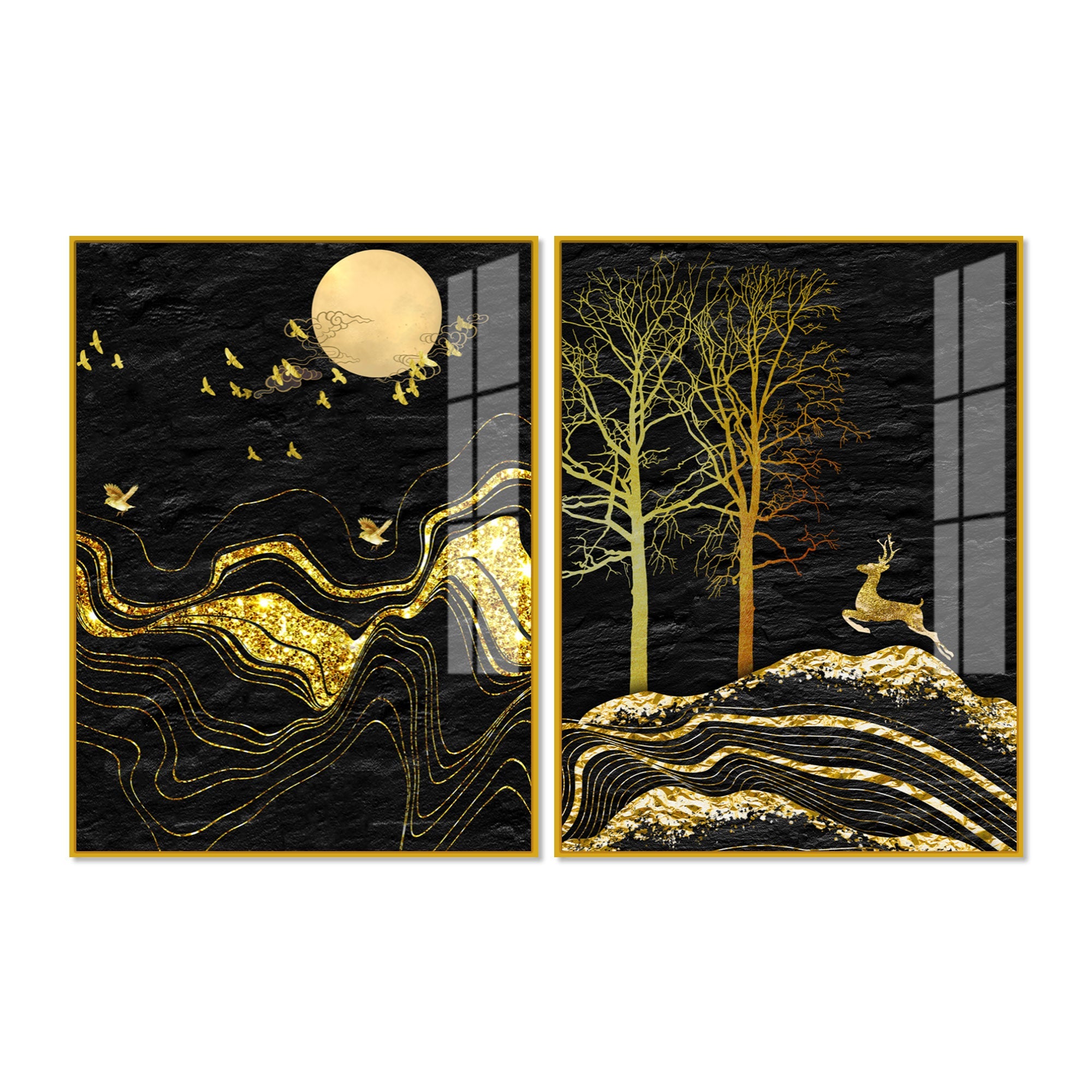 Golden Textured Mountains Art Premium Acrylic Floating Wall Painting Set Of 2