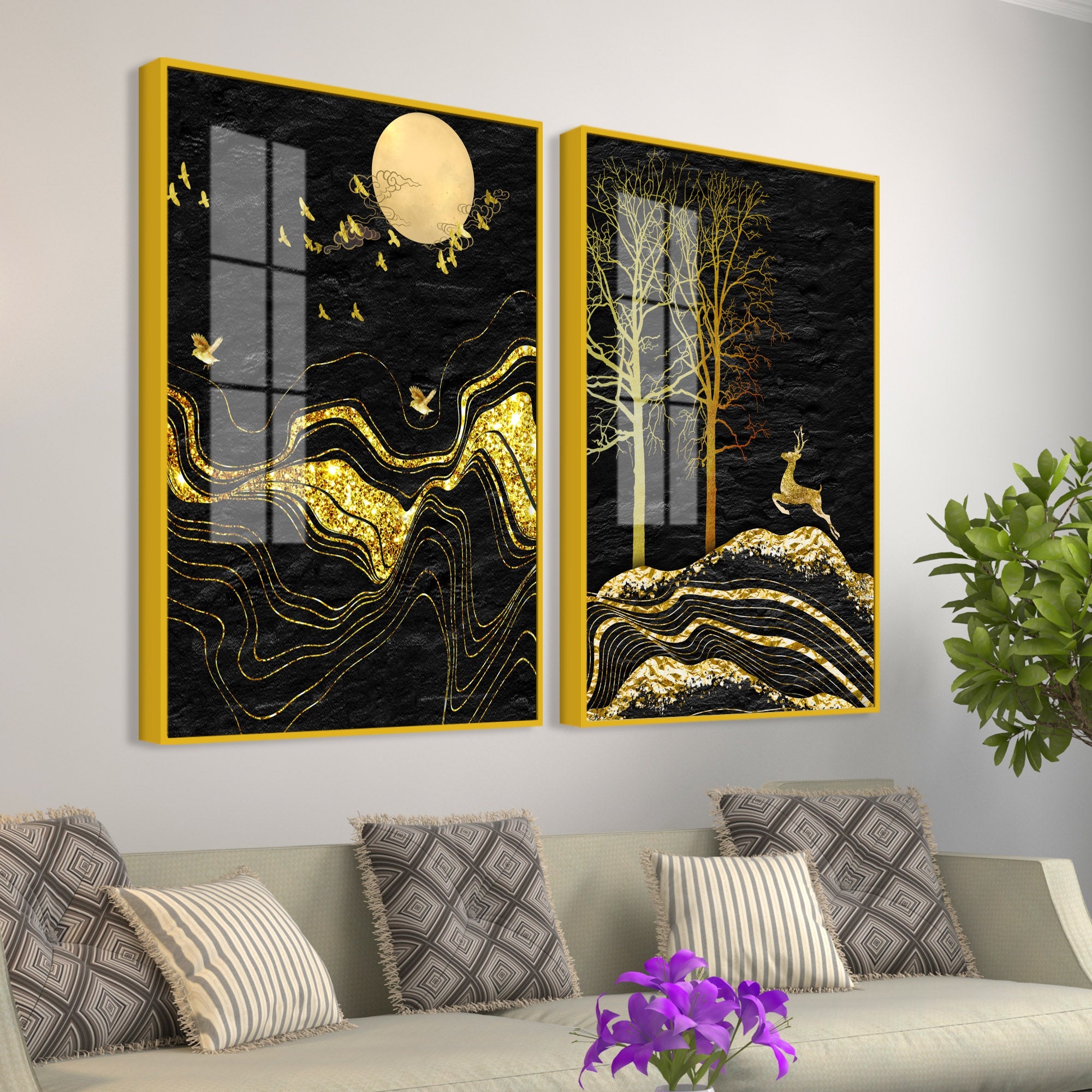 Golden Textured Mountains Art Premium Acrylic Floating Wall Painting Set Of 2