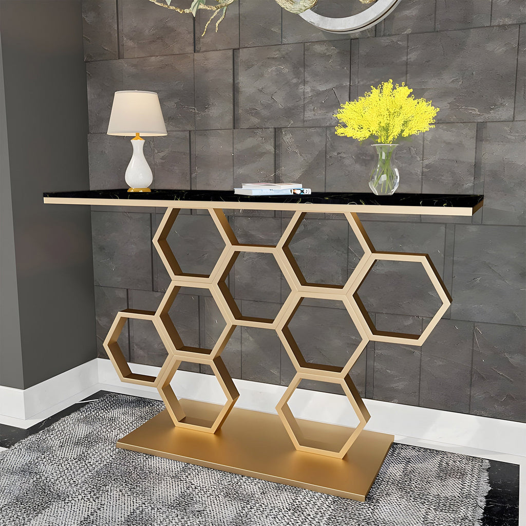 Honeycomb Motif Artistic Golden Finish Metal Console Table