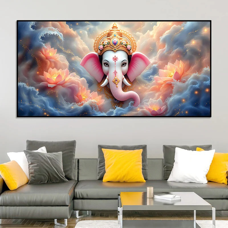 Divine Shri Ganesha in Celestial Clouds & Pink Lotus Marvellous Canvas Wall Painting for Home & Office Decor – Modern Devotional Wall Art