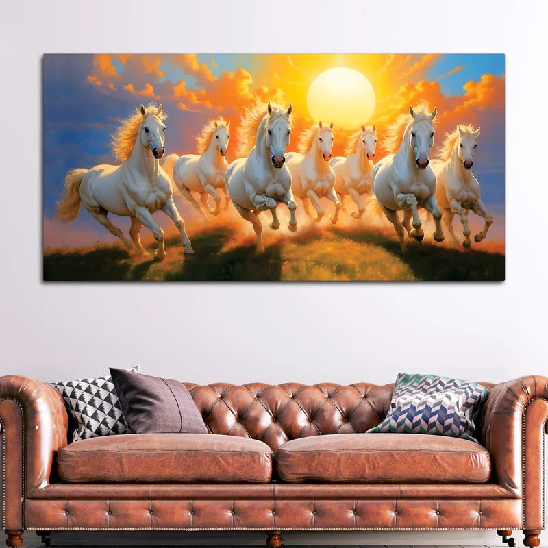 Seven Running Horses at Dawn Premium Wall Painting