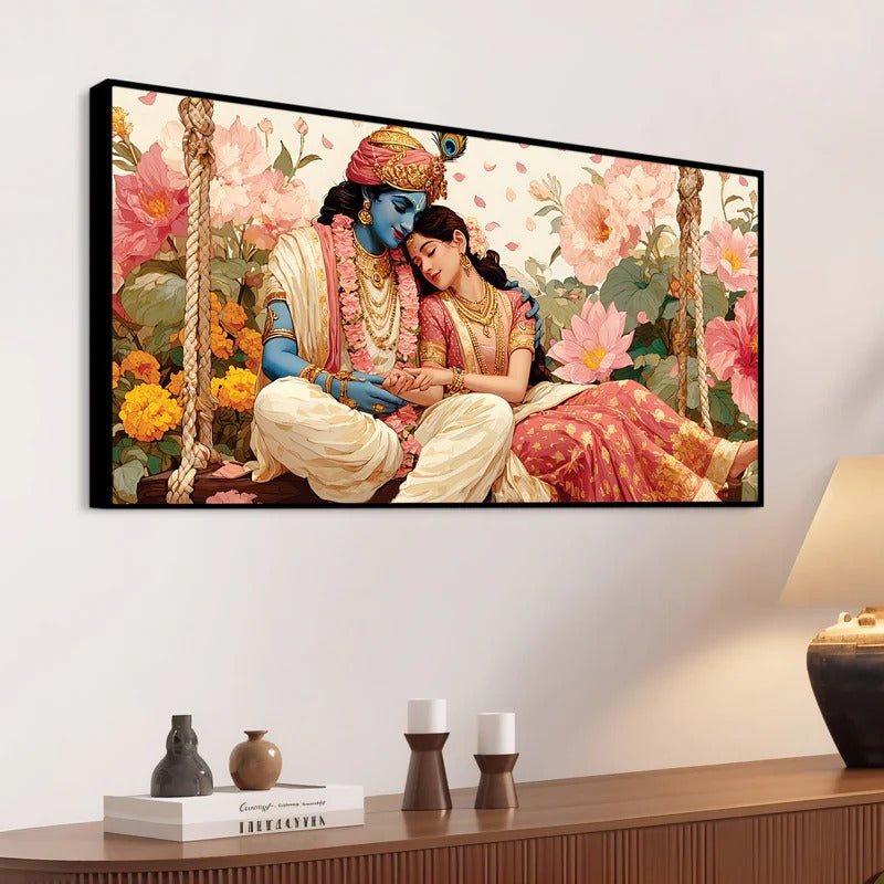 Radha Krishna Floral Garden Premium Wall Painting