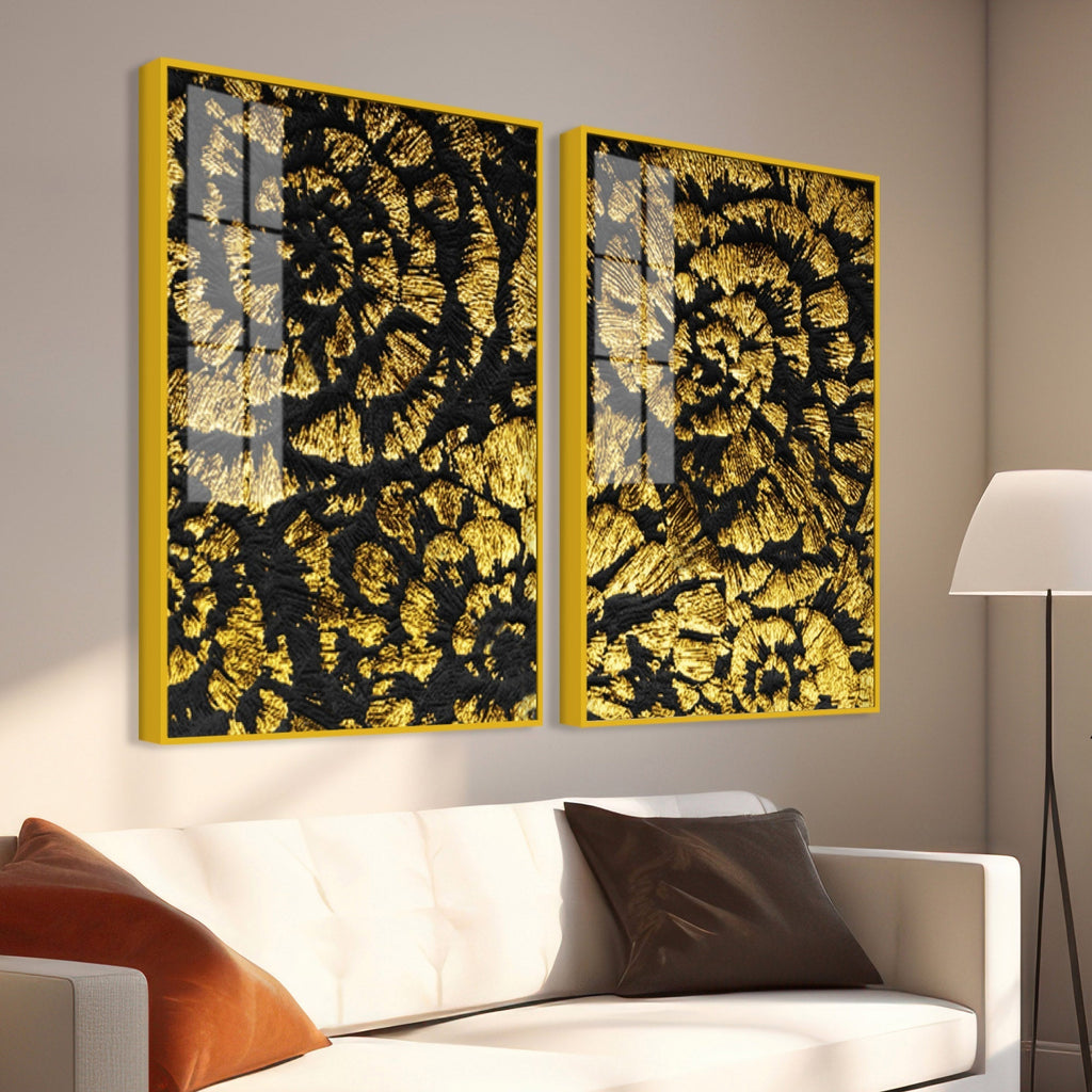 Luxurious Abstract Golden Textural Art Acrylic Floating Wall Painting Set Of 2