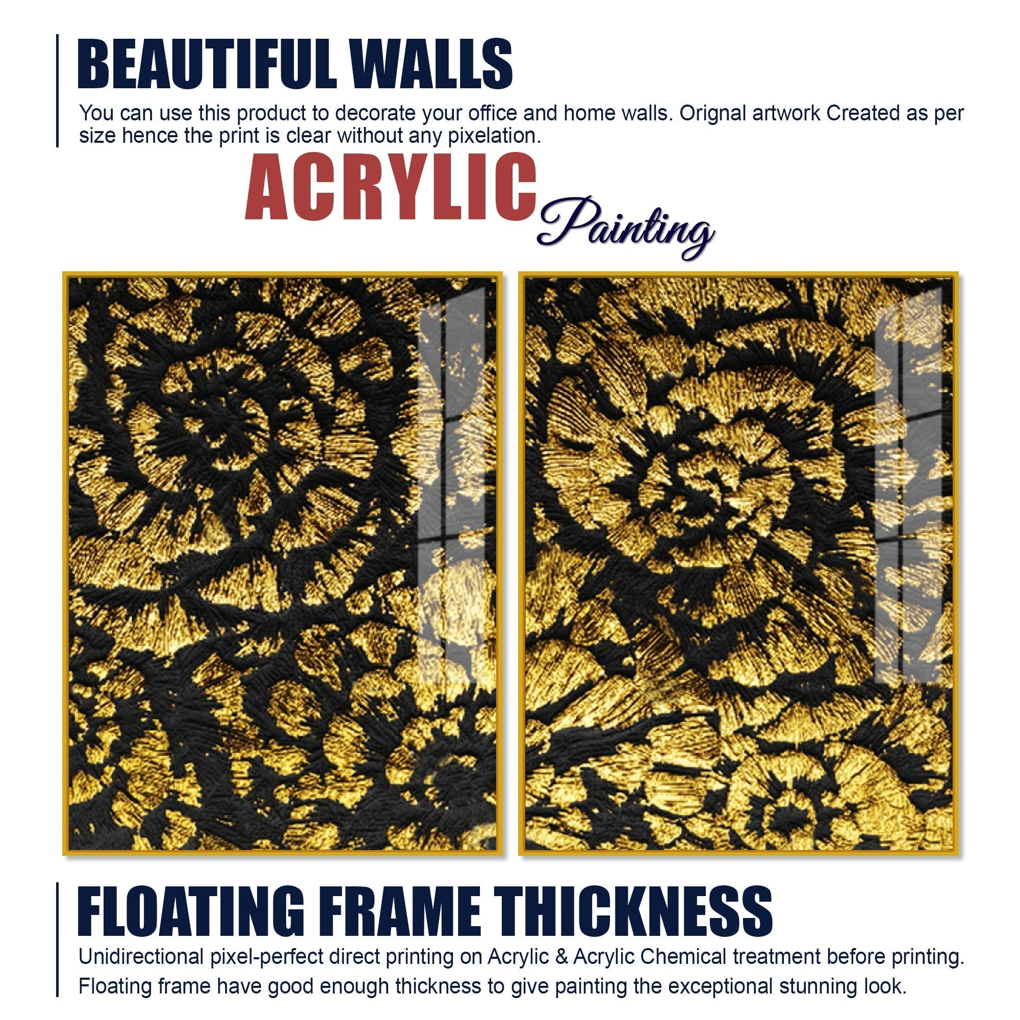 Luxurious Abstract Golden Textural Art Acrylic Floating Wall Painting Set Of 2