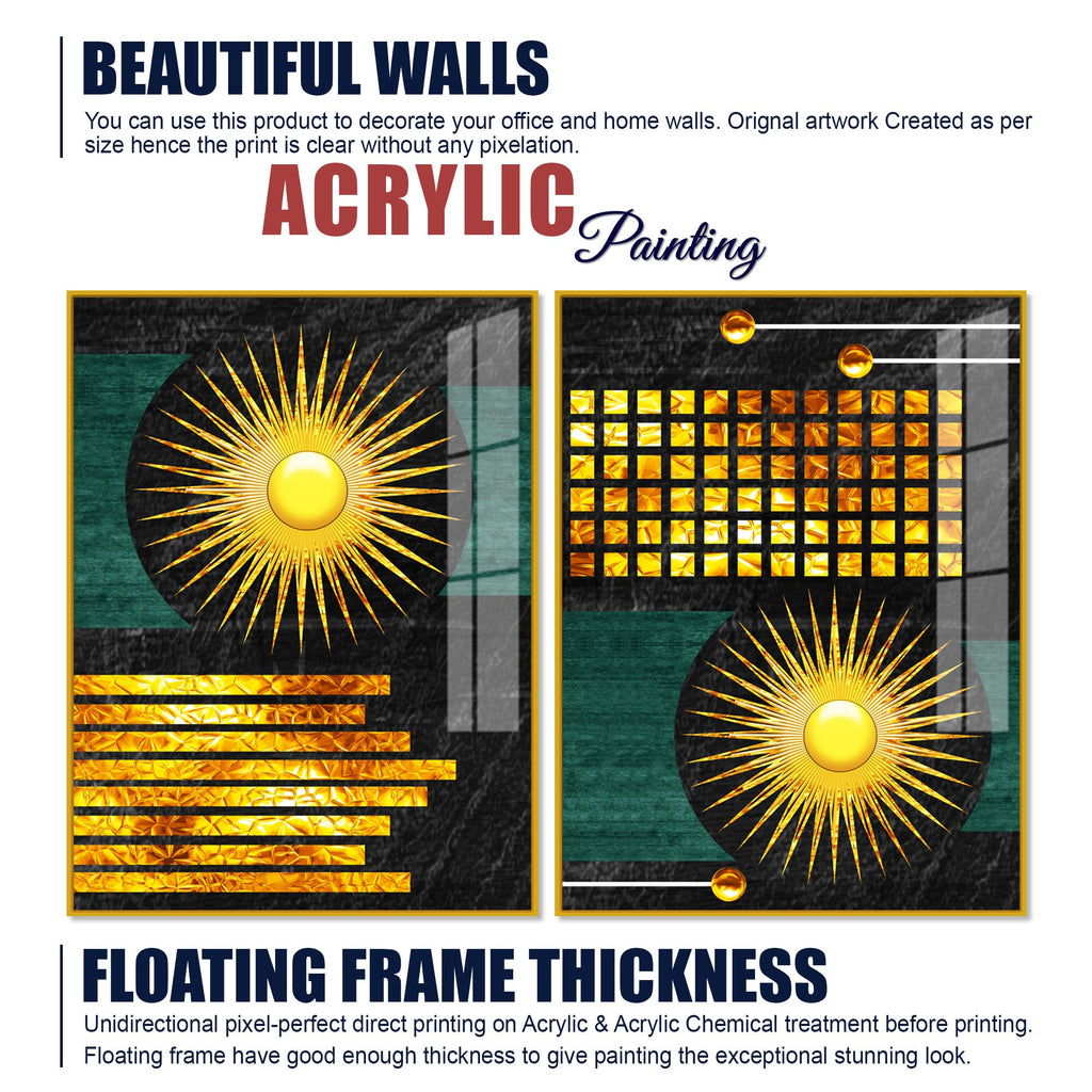 Luxury Decorative Golden Circles and Lines Dark Shape Acrylic Floating Wall Painting Set of 2