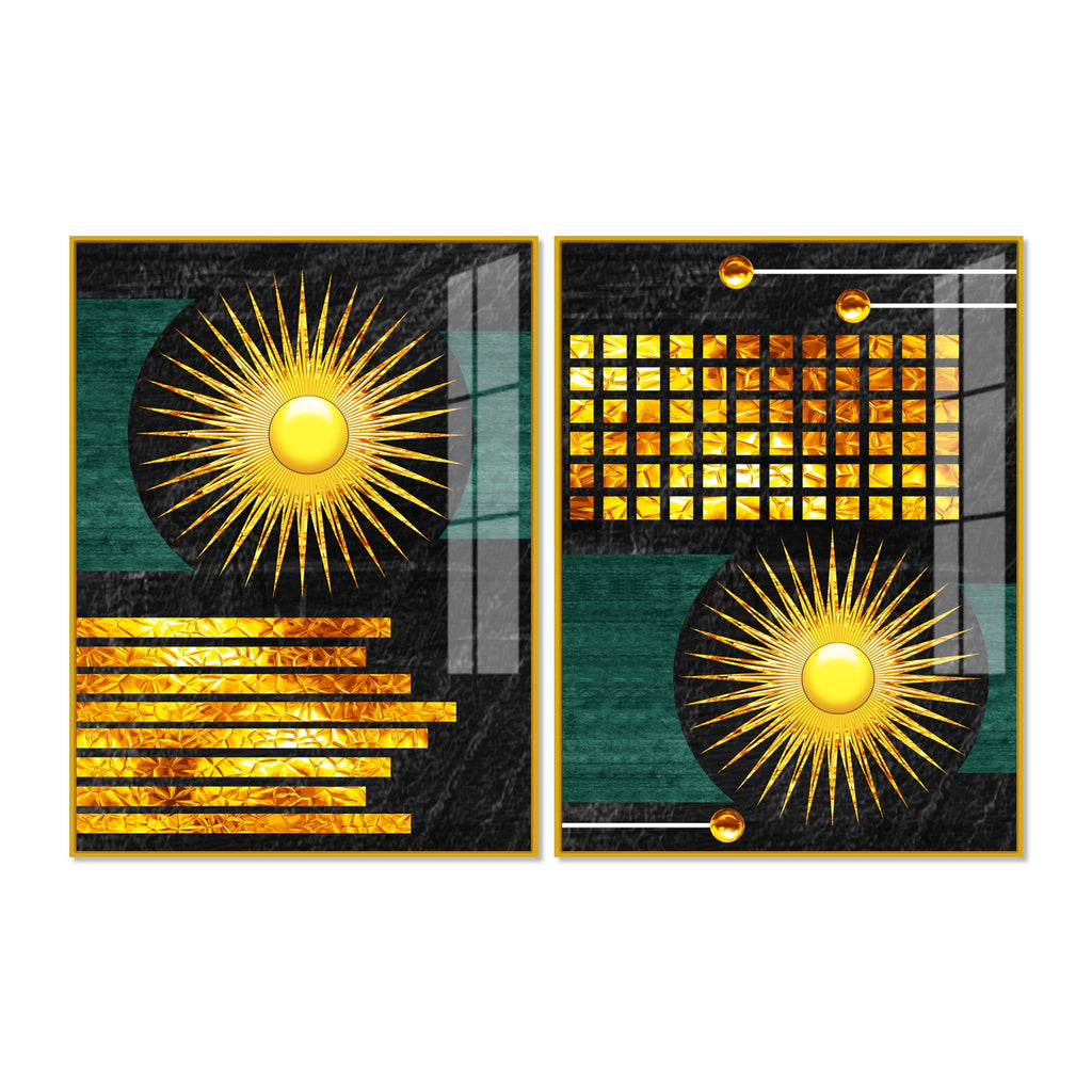 Luxury Decorative Golden Circles and Lines Dark Shape Acrylic Floating Wall Painting Set of 2