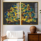 Luxury Golden Shiny Tufted Leaves Tree Acrylic Floating Wall Painting Set Of 2