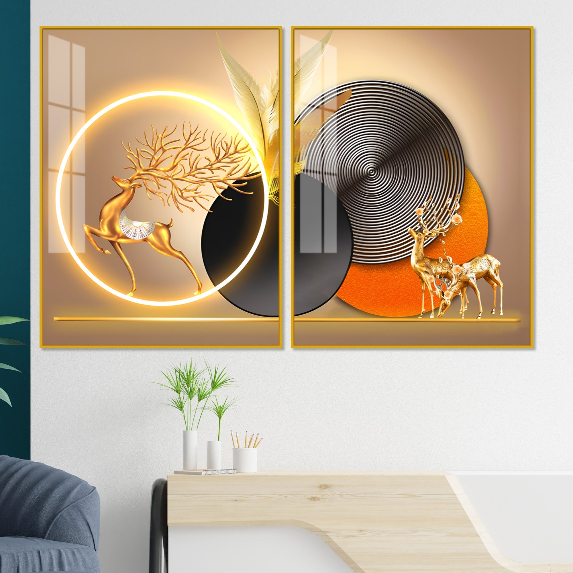 Modern Abstract Golden Deer Acrylic Art Floating Wall Painting Set Of 2