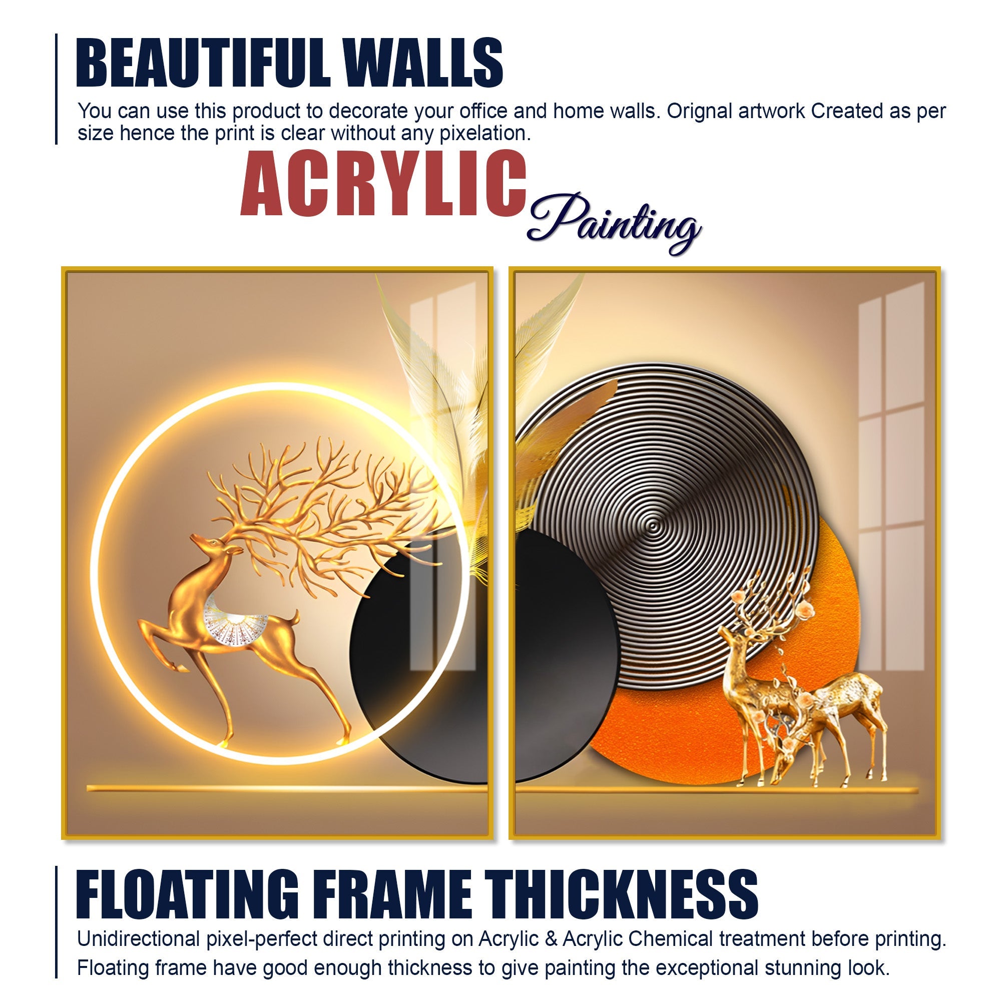 Modern Abstract Golden Deer Acrylic Art Floating Wall Painting Set Of 2