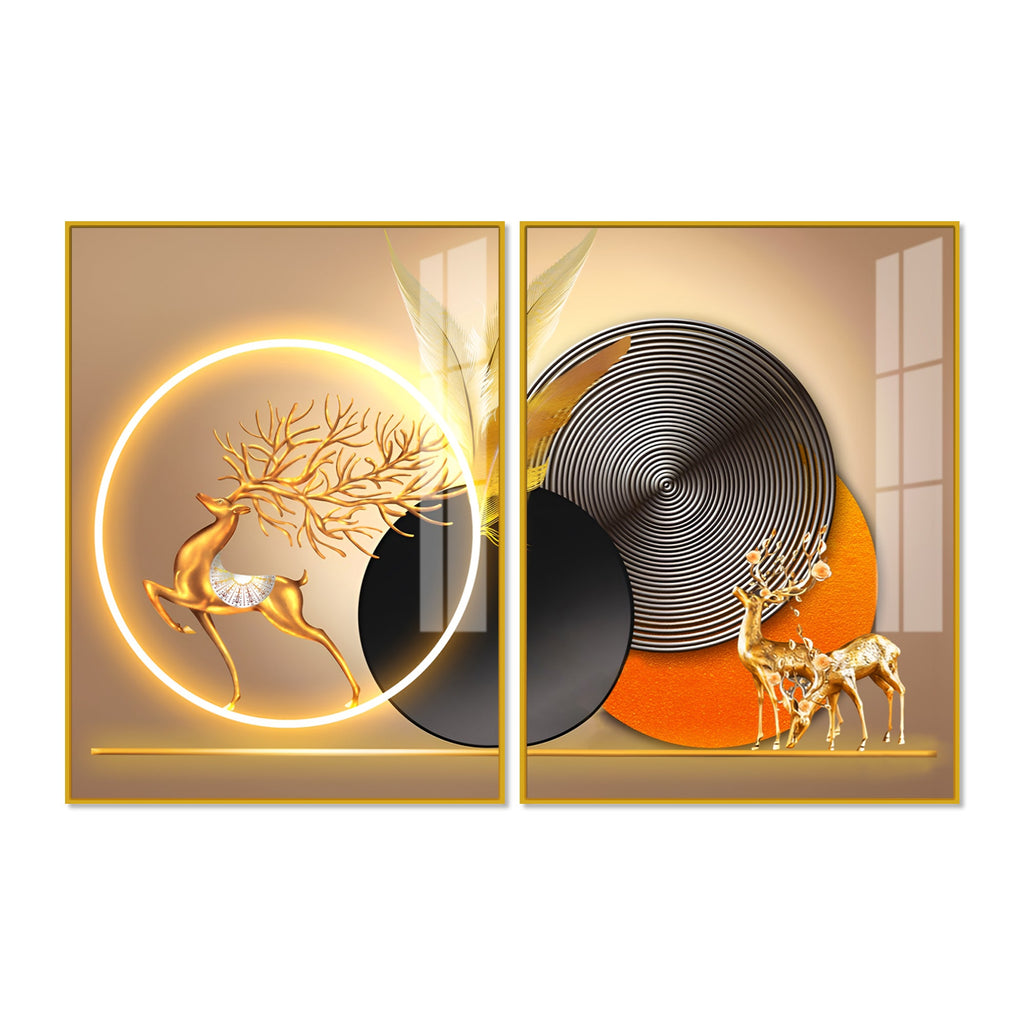 Modern Abstract Golden Deer Acrylic Art Floating Wall Painting Set Of 2
