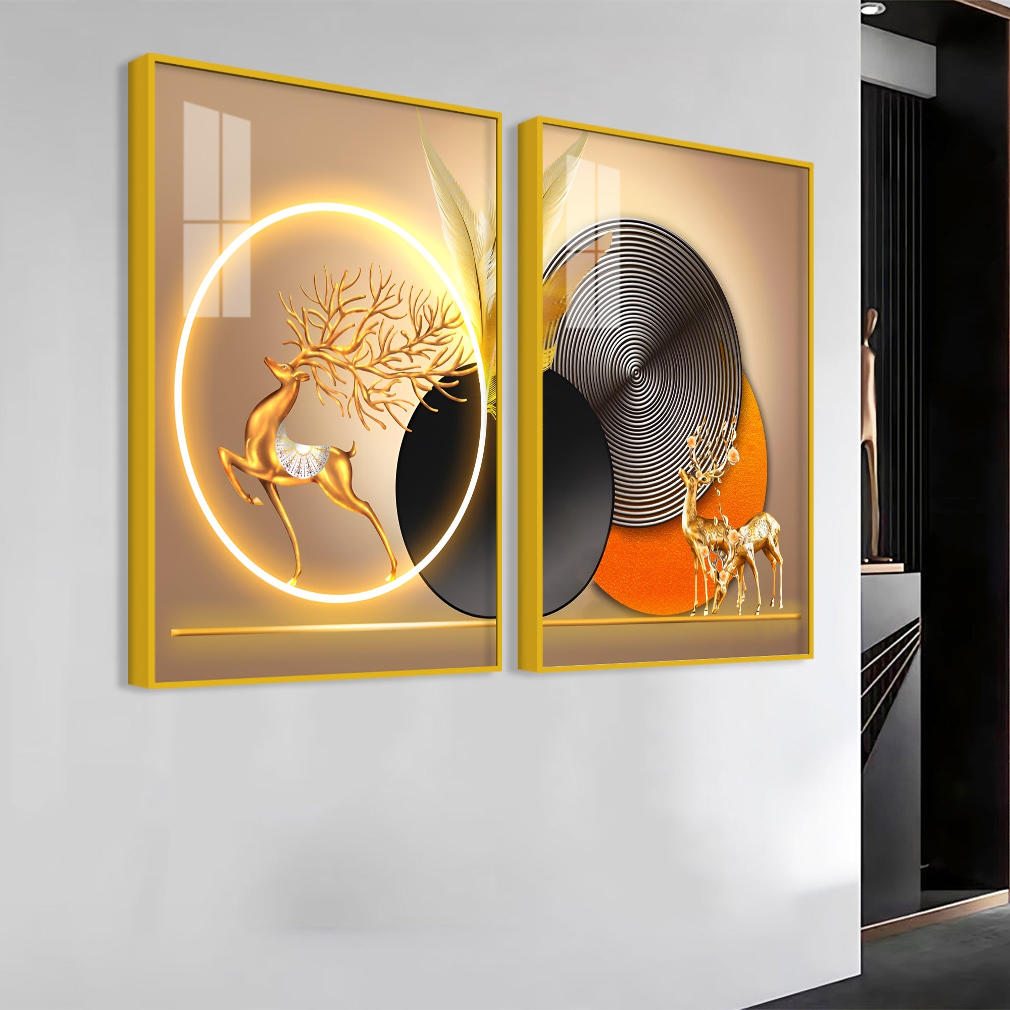 Modern Abstract Golden Deer Acrylic Art Floating Wall Painting Set Of 2