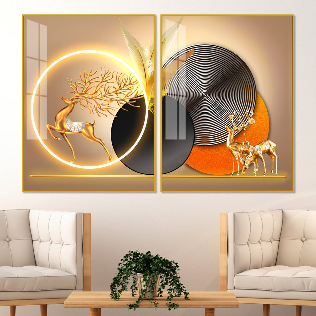Modern Abstract Golden Deer Acrylic Art Floating Wall Painting Set Of 2