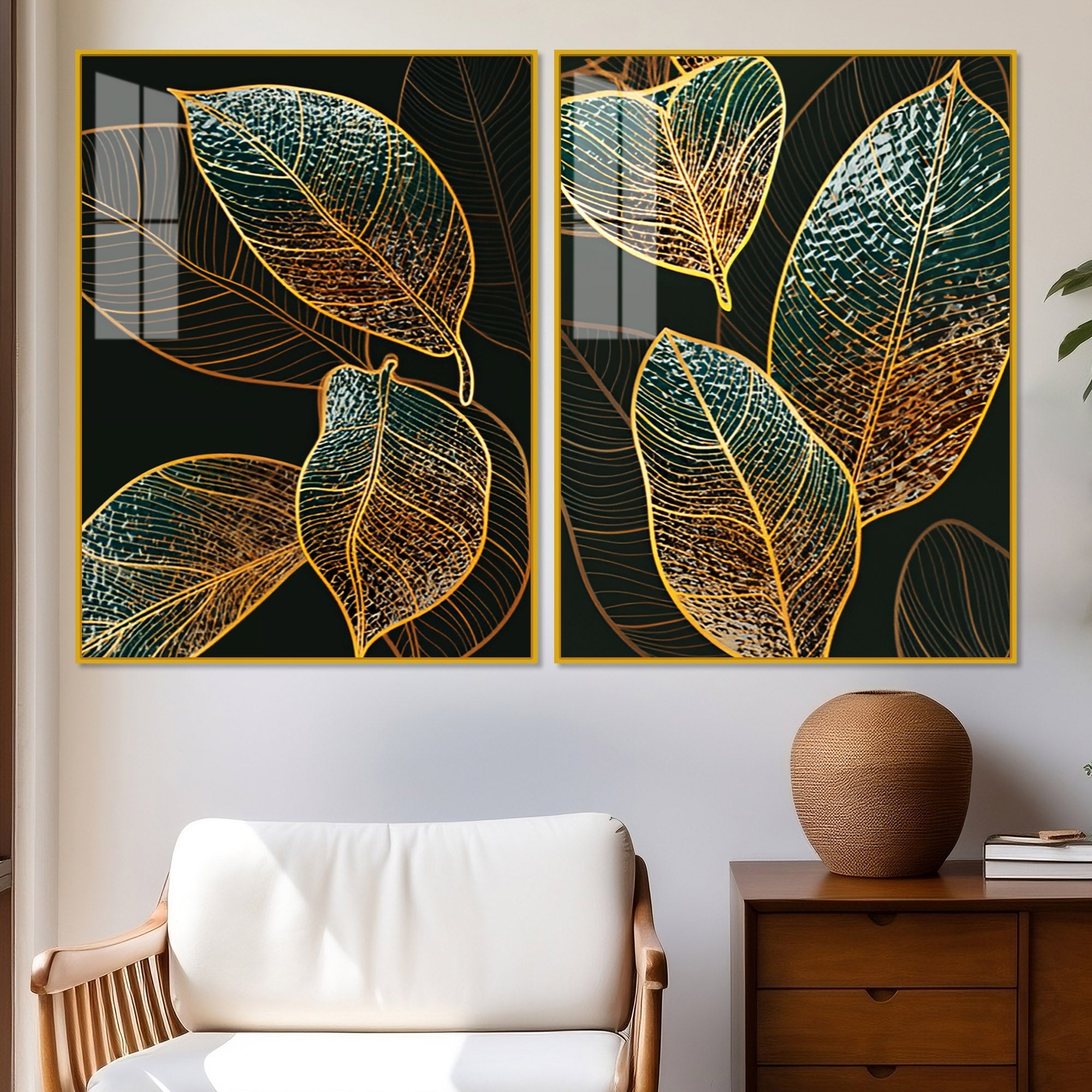 Modern Exquisite oak Leaves Art Acrylic Floating Wall Painting Set Of 2